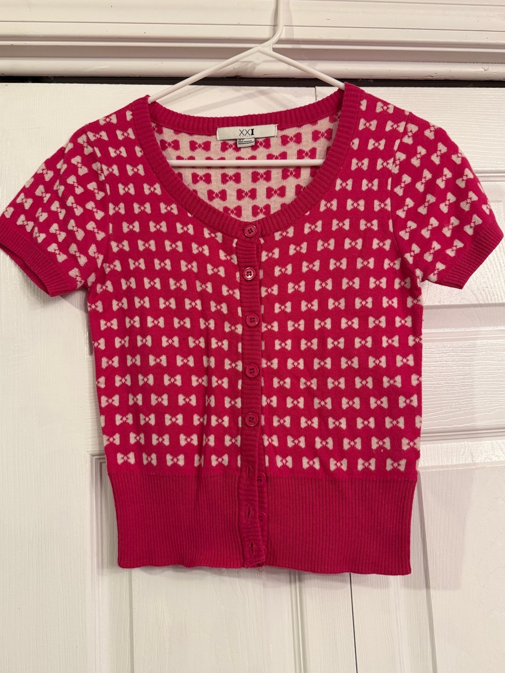 Forever 21 Hot Pink Short-Sleeve Button Cardigan with Ivory Bow Pattern